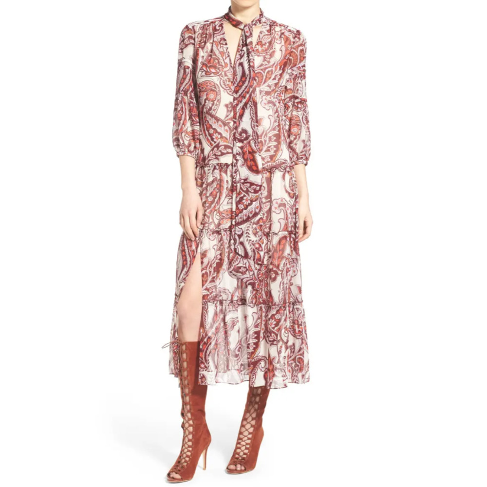 Olivia Palermo + Chelsea28 Women's Tie Neck Peasant Midi Chiffon Dress Sz Medium